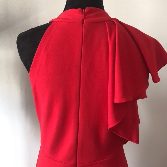 Betsy and Adam One Shoulder Red Halter Gown - Picture 5 of 7